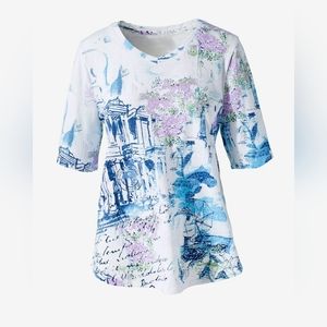 WEEKENDS By ChicosPrinted Travels Soft V-Neck Tee Size 3
